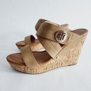 Tommy Hilfiger Tan Faux Suede Leather Cork Wedge Sandals with Gold Logo Size 9.5